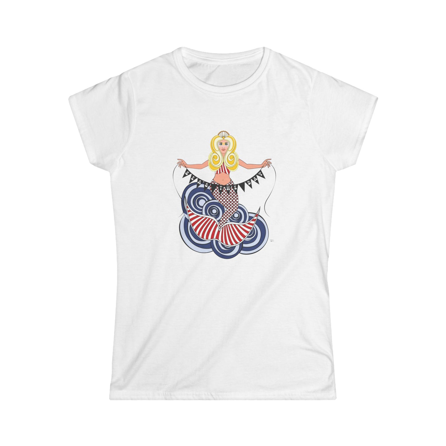 Mermaid Seas The Day in Red - Women's Softstyle Tee