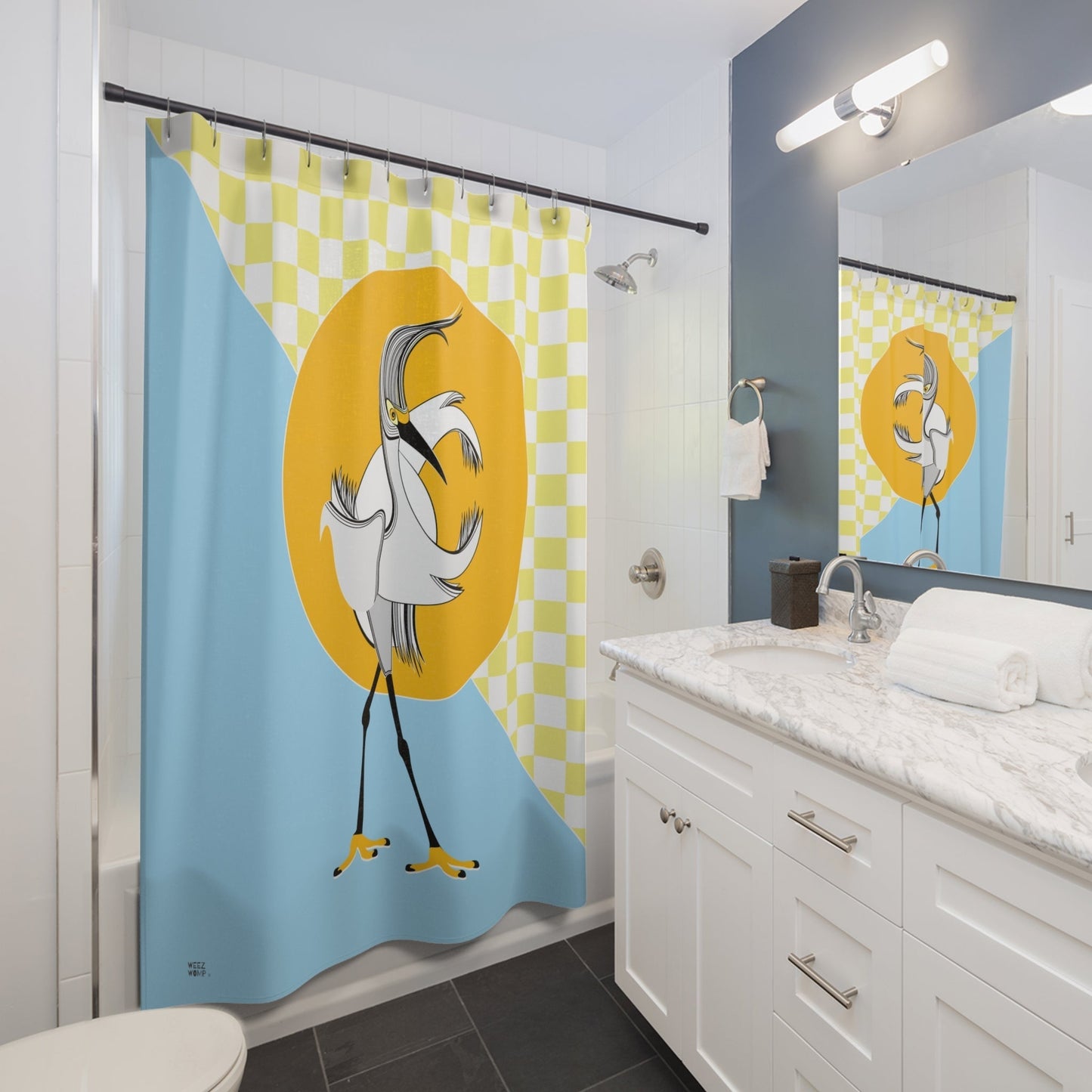 Modern Art Shower Curtain. Retro Egret Art, Modern Fabric, Unique Shower Curtains, Home Decor, Fun Shower Curtains, Modern Shower Curtains, Retro Bath Decor - WeezWomp