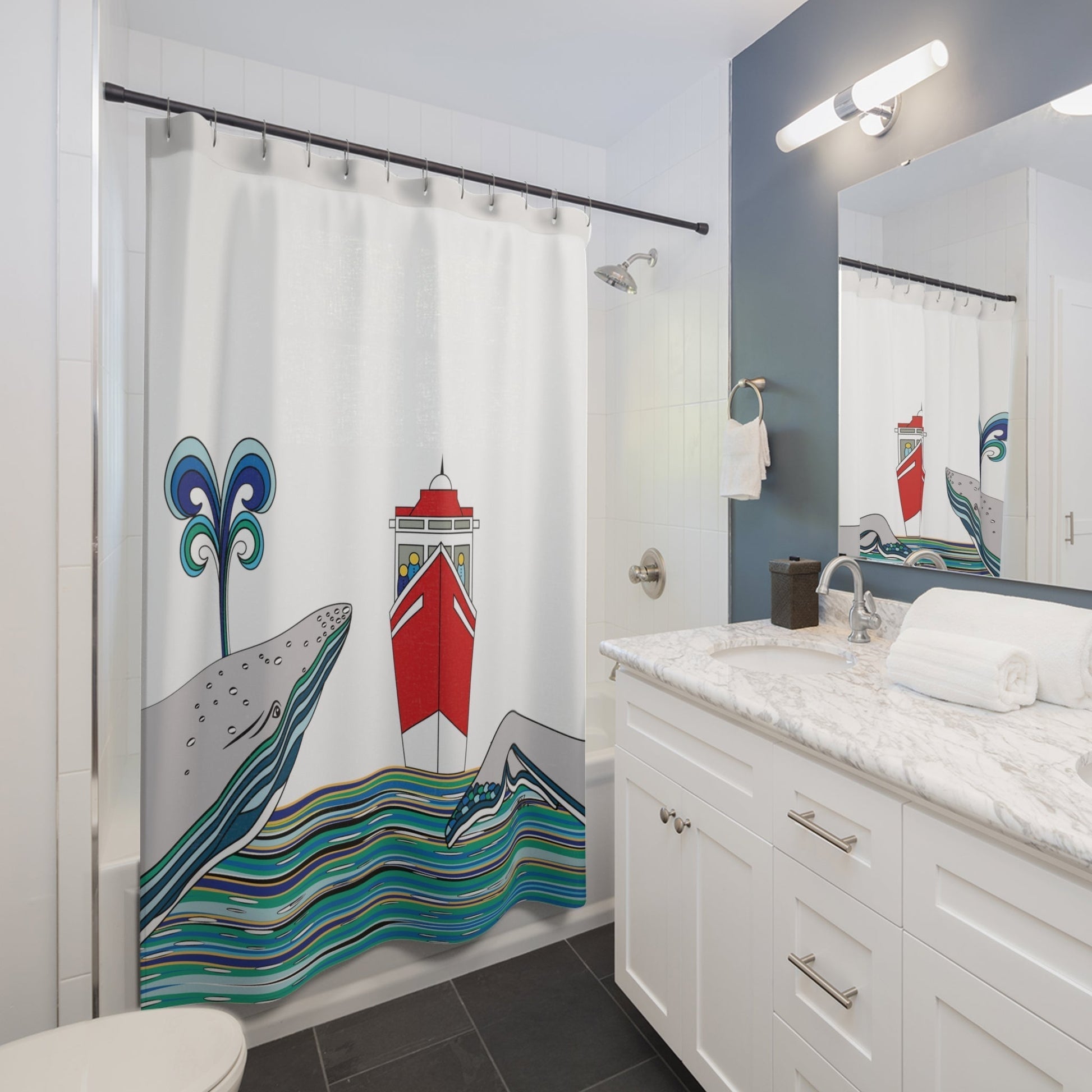 Nautical Shower Curtain, Whale Shower Curtain, Nautical Bath Decor, Beach House Bath Decor, Fun Shower Curtains, Beach Decor, Ocean Decor, Ocean Shower Curtain - WeezWomp