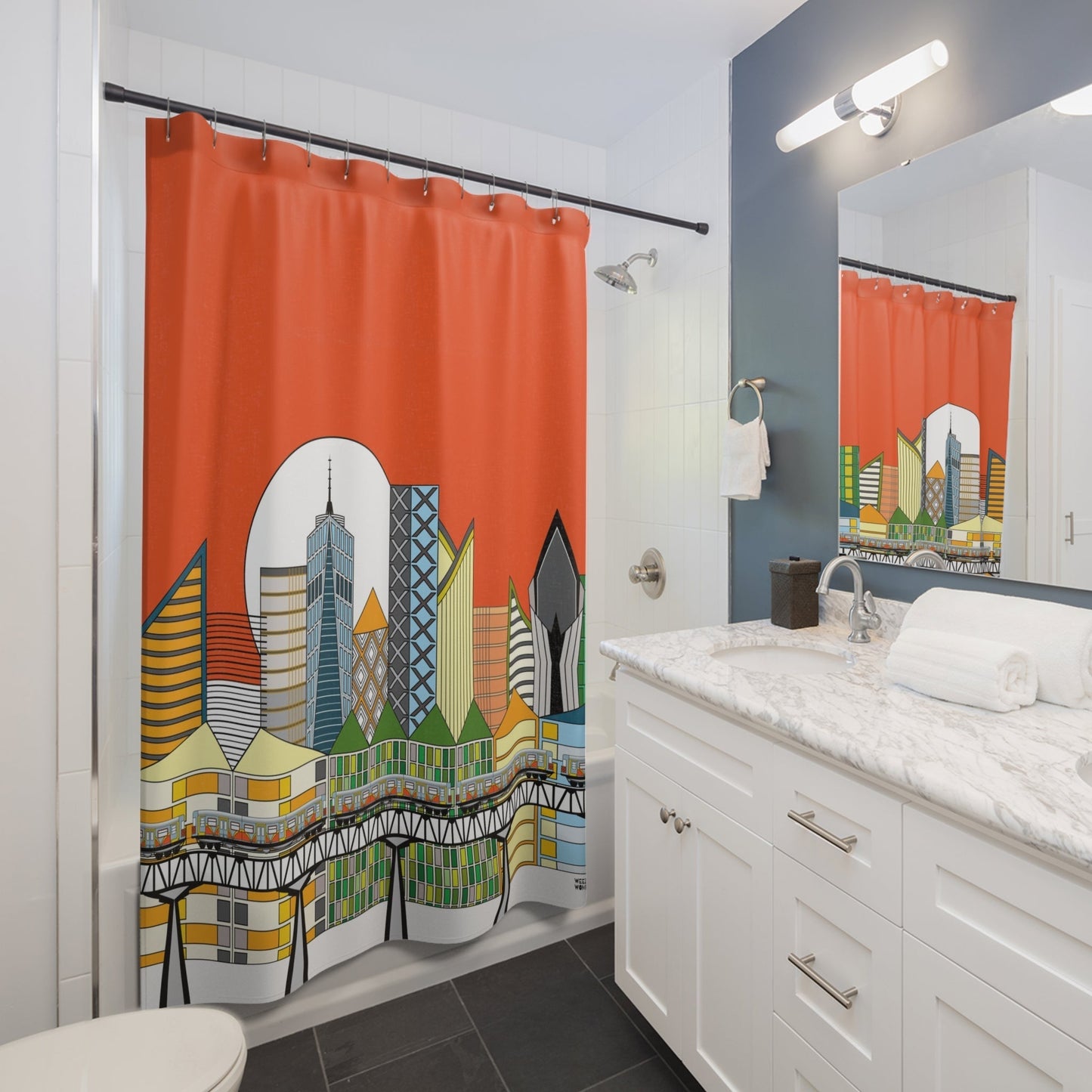New York Cityscape Shower Curtain, Stylish Bath Decor, Whimsical Shower Curtains, Modern Shower Curtains, Fun Shower Curtains - WeezWomp