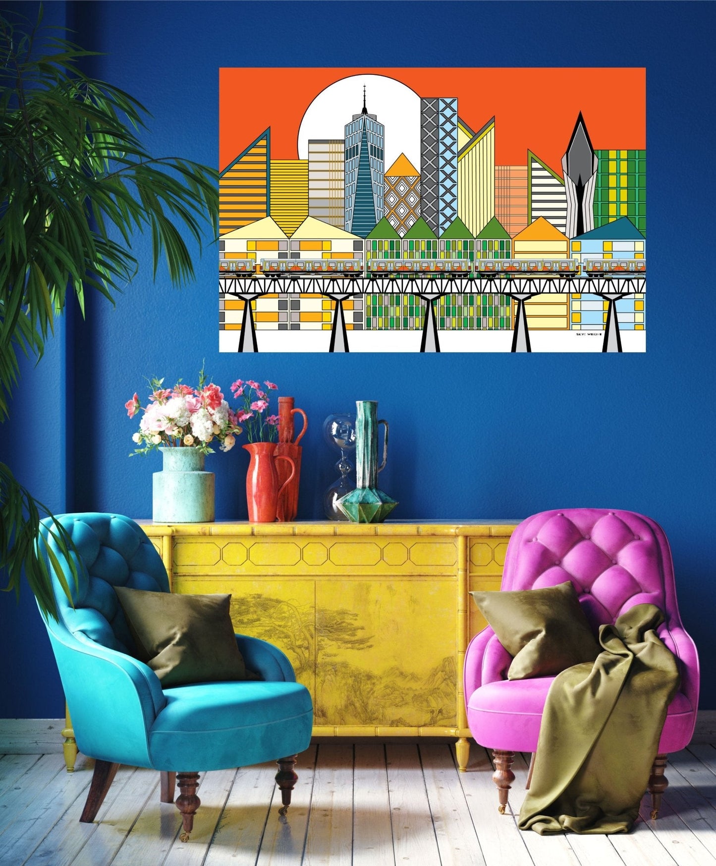 Wall Art, Folk Art, Contemporary Art, Pop Art, Retro Art, Fine Art, Modern Art, Contemporary Art, Extra Large Wall Art Cityscape - WeezWomp
