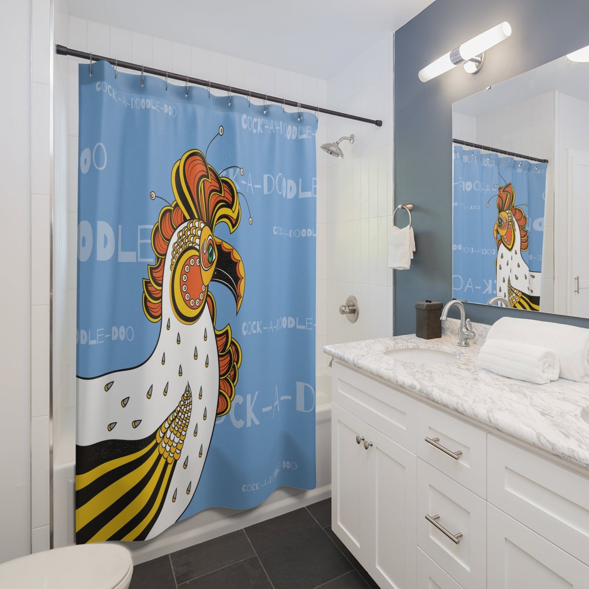 Bathroom Shower Curtain - Modern Fabric - Cock - A - Doodle - Doo - Shower Curtain - Size - 71 x 74 - Bathroom Decor - WeezWomp