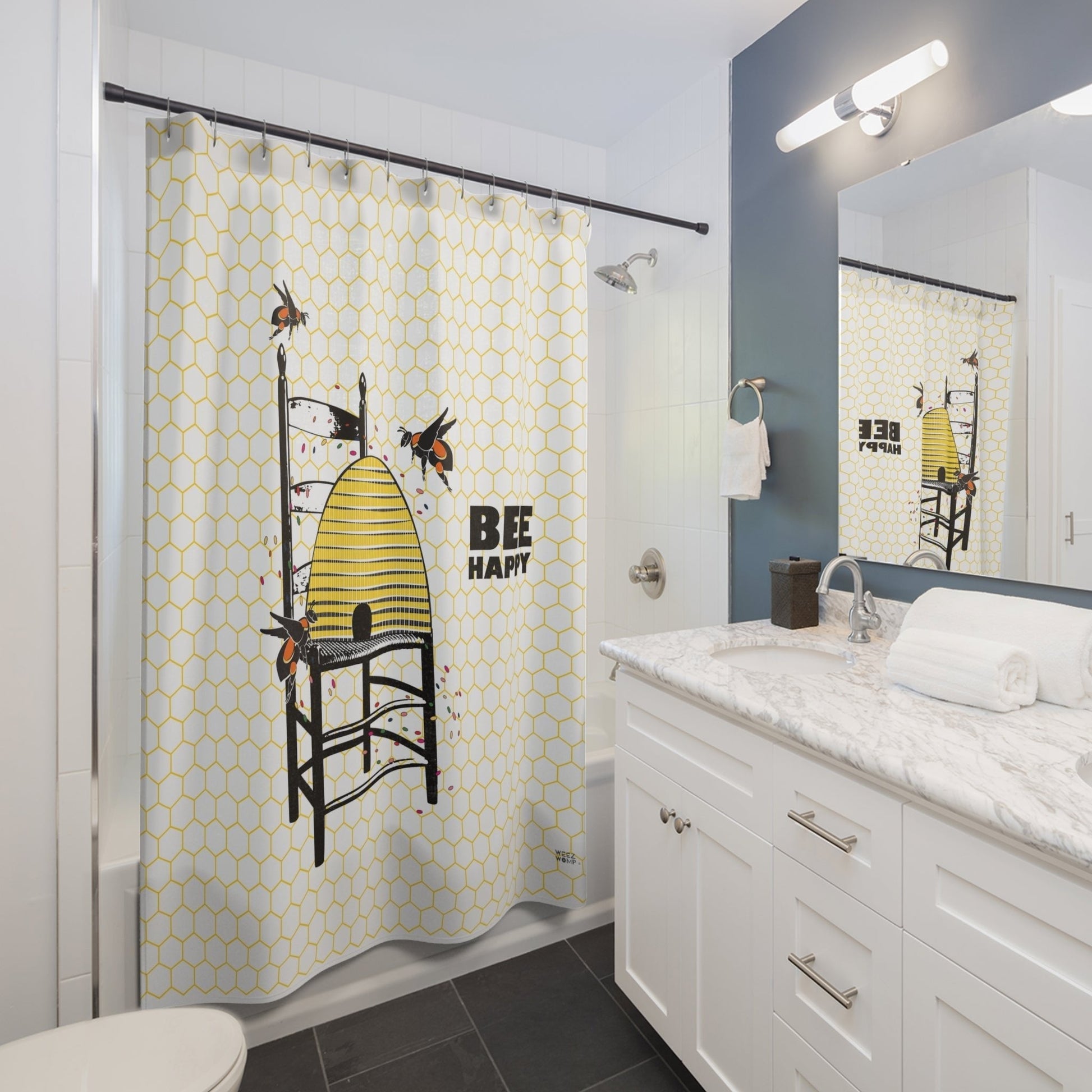 Bee Happy Shower Curtain, Modern Fabric, Unique Shower Curtains, Kids Home Decor, Fun Shower Curtains, Modern Shower Curtains, Bath Decor - WeezWomp