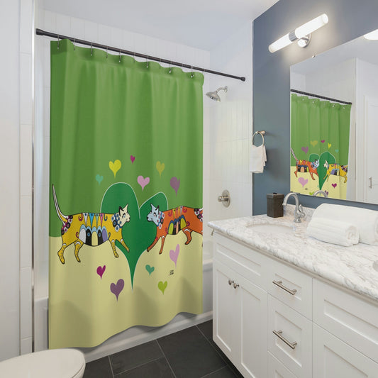 Cat Lover Shower Curtain in Green, Stylish Bath Decor, Whimsical Shower Curtains, Modern Shower Curtains, Fun Shower Curtains - WeezWomp