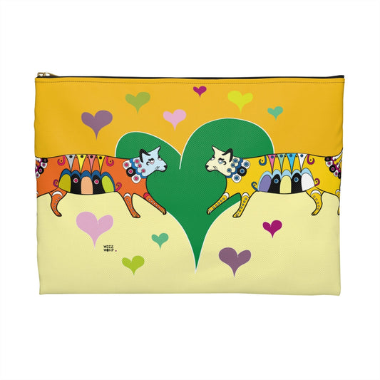 Makeup Pouch 8 x 11 Travel Pouch Organizer Cosmetic Bag with Cats in Green and Yellow / Cosmetic Bags / Makeup Bags / Toiletry Bag / Waterproof Beauty Bag - WeezWomp