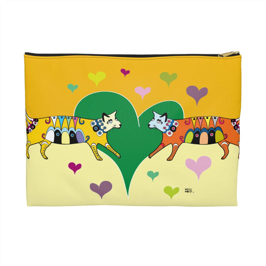 Makeup Pouch 8 x 11 Travel Pouch Organizer Cosmetic Bag with Cats in Green and Yellow / Cosmetic Bags / Makeup Bags / Toiletry Bag / Waterproof Beauty Bag - WeezWomp