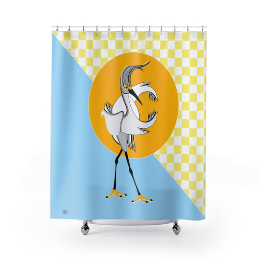 Modern Art Shower Curtain. Retro Egret Art, Modern Fabric, Unique Shower Curtains, Home Decor, Fun Shower Curtains, Modern Shower Curtains, Retro Bath Decor - WeezWomp