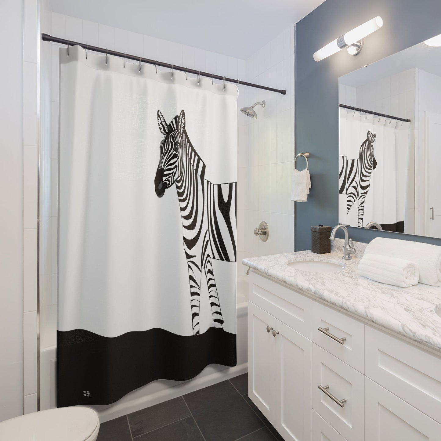 Modern Art Shower Curtain. Retro Zebra Art, Modern Fabric, Unique Shower Curtains, Home Decor, Fun Shower Curtains, Modern Shower Curtains, Retro Bath Decor - WeezWomp