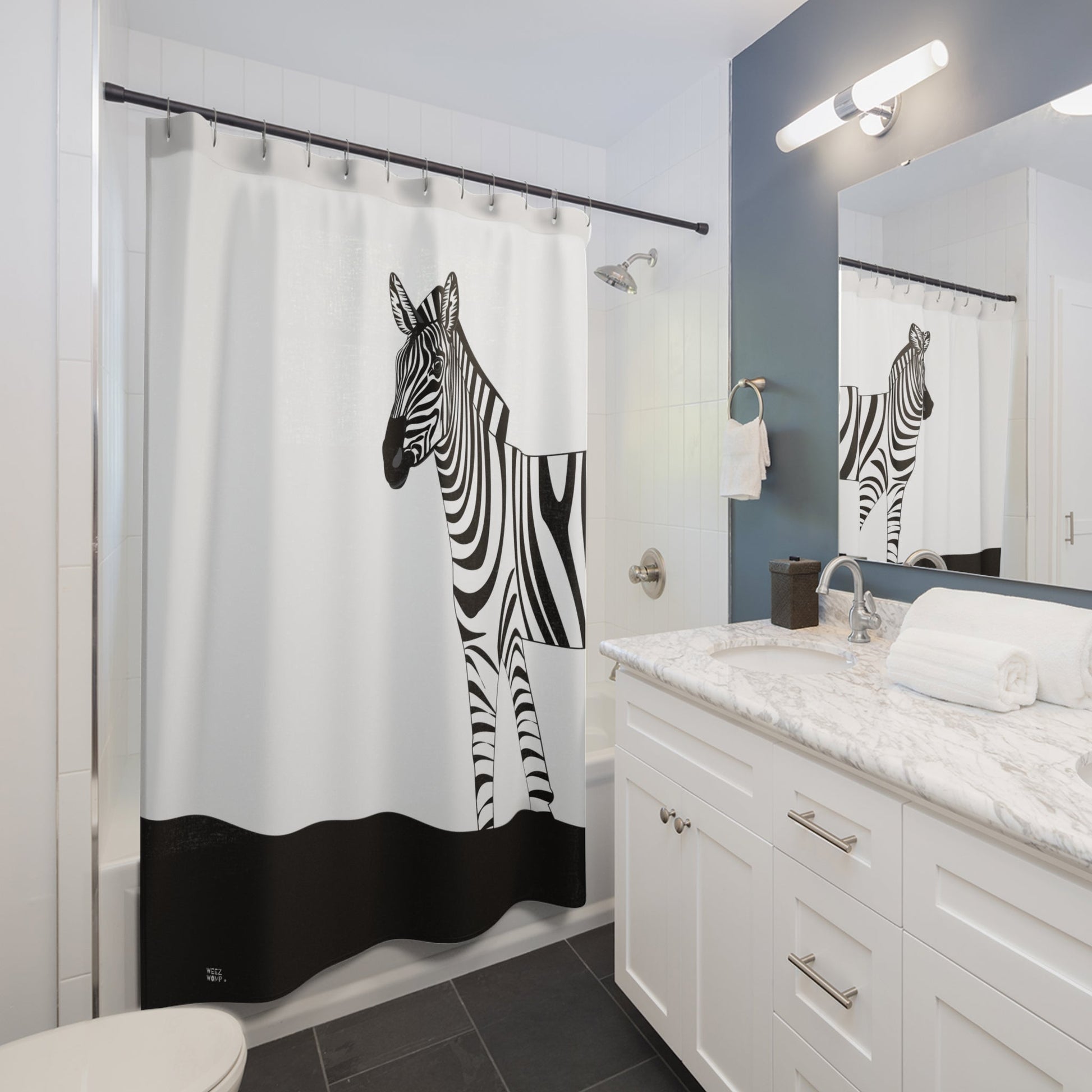 Modern Art Shower Curtain. Retro Zebra Art, Modern Fabric, Unique Shower Curtains, Home Decor, Fun Shower Curtains, Modern Shower Curtains, Retro Bath Decor - WeezWomp