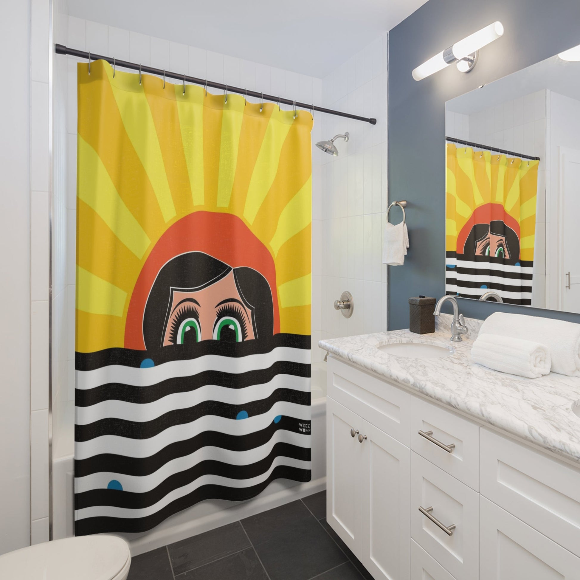 Modern Shower Curtain. Retro Cartoon Art, Modern Fabric, Unique Shower Curtains, Home Decor, Fun Shower Curtains, Modern Anime Shower Curtains, Retro Bath Decor - WeezWomp
