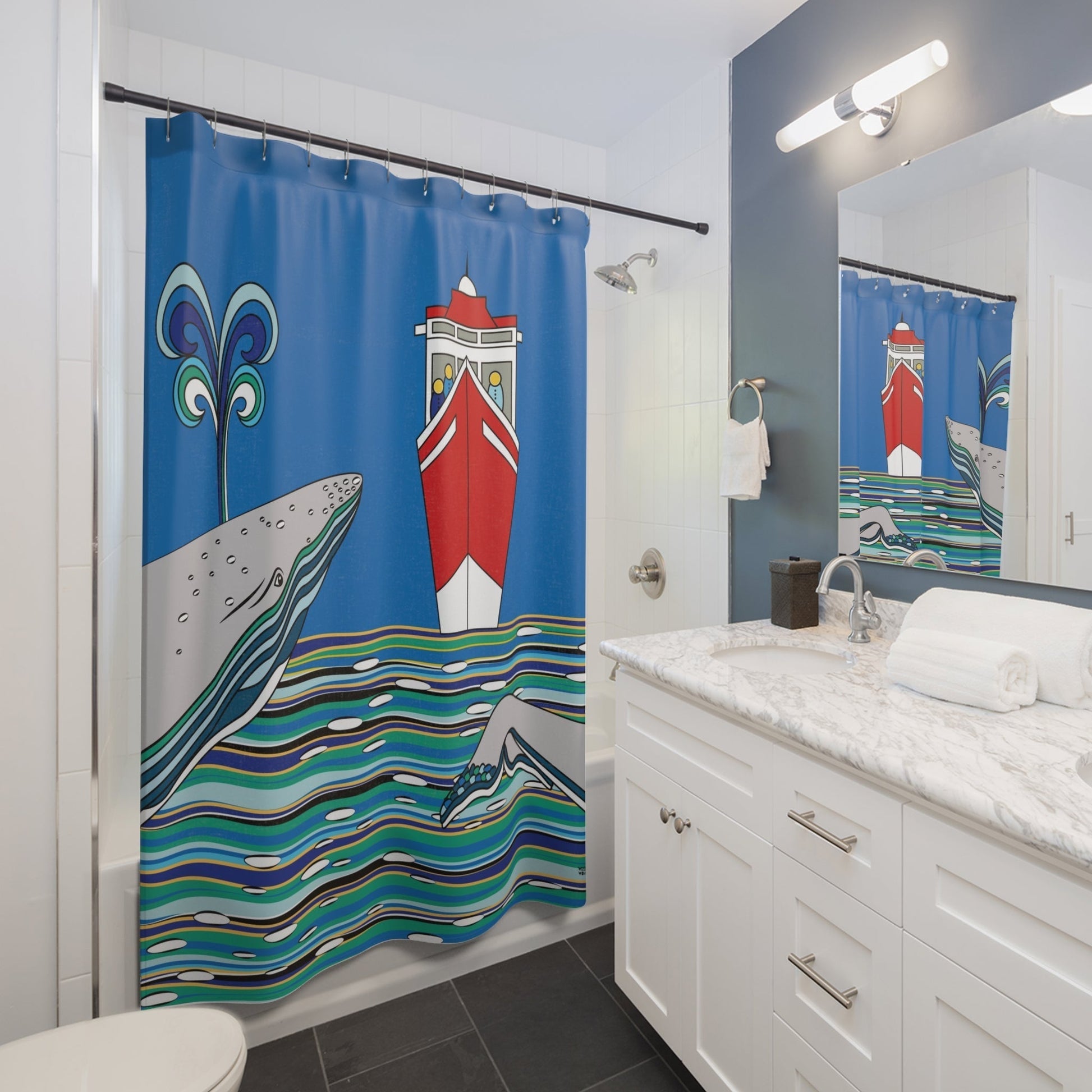 Nautical Bathroom Shower Curtains - Modern Fabric - Ocean Whales - Ocean Shower Curtains - Size - 71 x 74 - Bathroom Decor - WeezWomp
