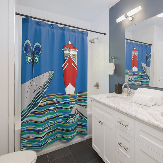 Nautical Bathroom Shower Curtains - Modern Fabric - Ocean Whales - Ocean Shower Curtains - Size - 71 x 74 - Bathroom Decor - WeezWomp
