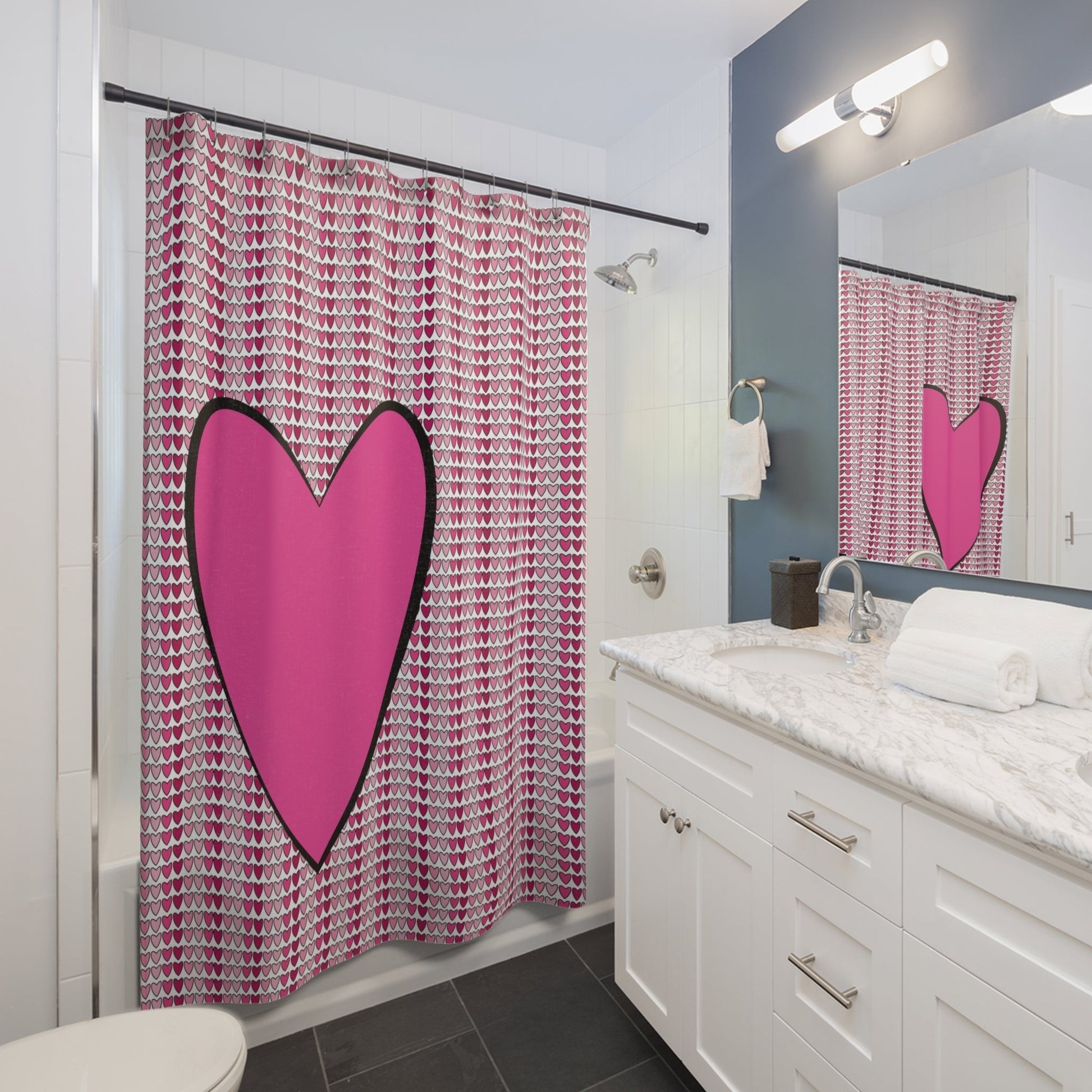 Pink Heart Shower Curtain, Modern Fabric, Unique Shower Curtains, Kids Home Decor, Fun Shower Curtains, Modern Shower Curtains, Bath Decor - WeezWomp