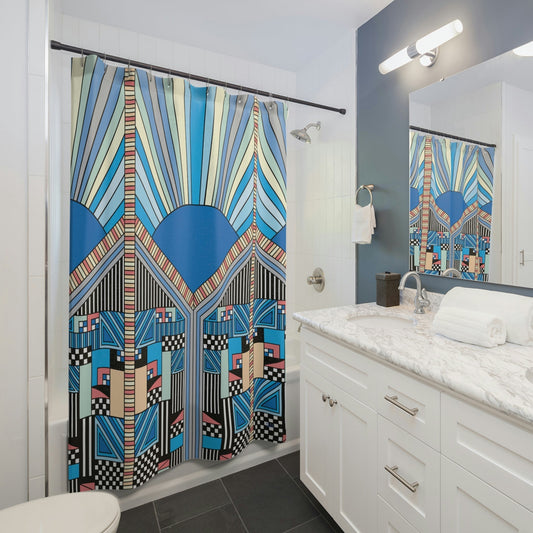 Retro Blue Sunrise Shower Curtain, Stylish Bath Decor, Whimsical Shower Curtains, Modern Shower Curtains, Fun Shower Curtains - WeezWomp
