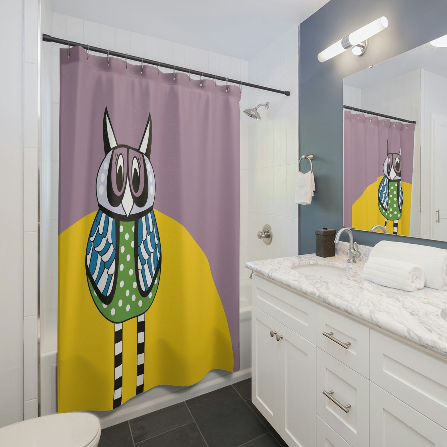 Retro Owl Shower Curtain in Purple, Stylish Bath Decor, Whimsical Shower Curtains, Modern Shower Curtains, Fun Shower Curtains - WeezWomp