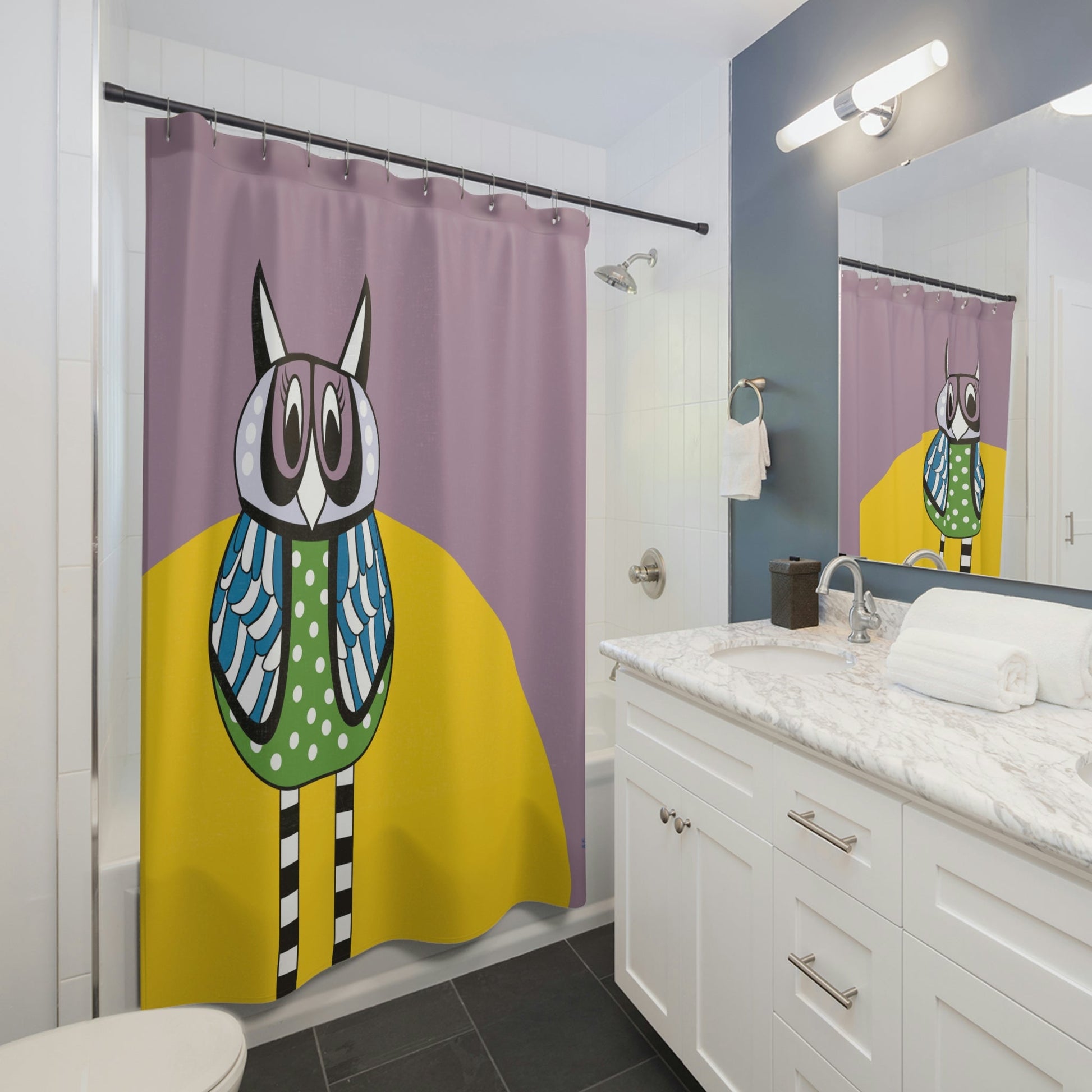 Retro Owl Shower Curtain in Purple, Stylish Bath Decor, Whimsical Shower Curtains, Modern Shower Curtains, Fun Shower Curtains - WeezWomp