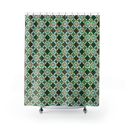 Starburst Quilt Pattern in Green Shower Curtains, Stylish Bath Decor, Whimsical Shower Curtains, Modern Shower Curtains, Fun Shower Curtains - WeezWomp