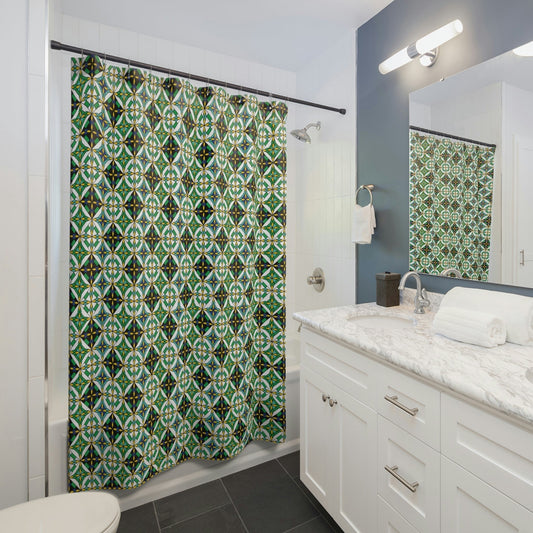 Starburst Quilt Pattern in Green Shower Curtains, Stylish Bath Decor, Whimsical Shower Curtains, Modern Shower Curtains, Fun Shower Curtains - WeezWomp