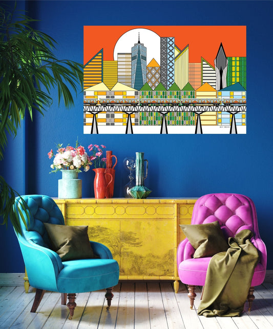 Wall Art, Folk Art, Contemporary Art, Pop Art, Retro Art, Fine Art, Modern Art, Contemporary Art, Extra Large Wall Art Cityscape - WeezWomp