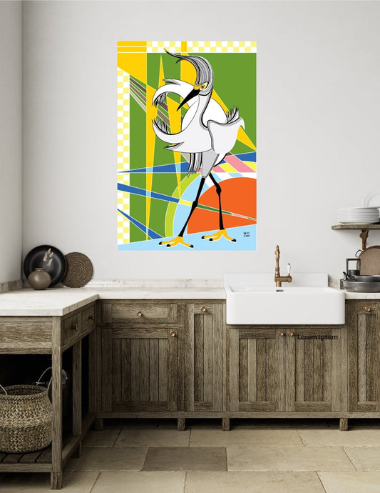 Wall Art, Folk Art, Contemporary Art, Pop Art, Retro Art, Fine Art, Modern Art, Contemporary Art, Extra Large Wall Art Egret Walks to Miami - WeezWomp